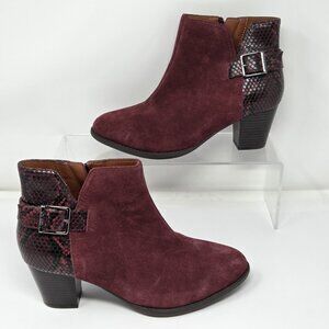 Vionic Shoes Womens 8 Wide Boots Naomi Burgendy Suede Ankle Snake Print Heeled